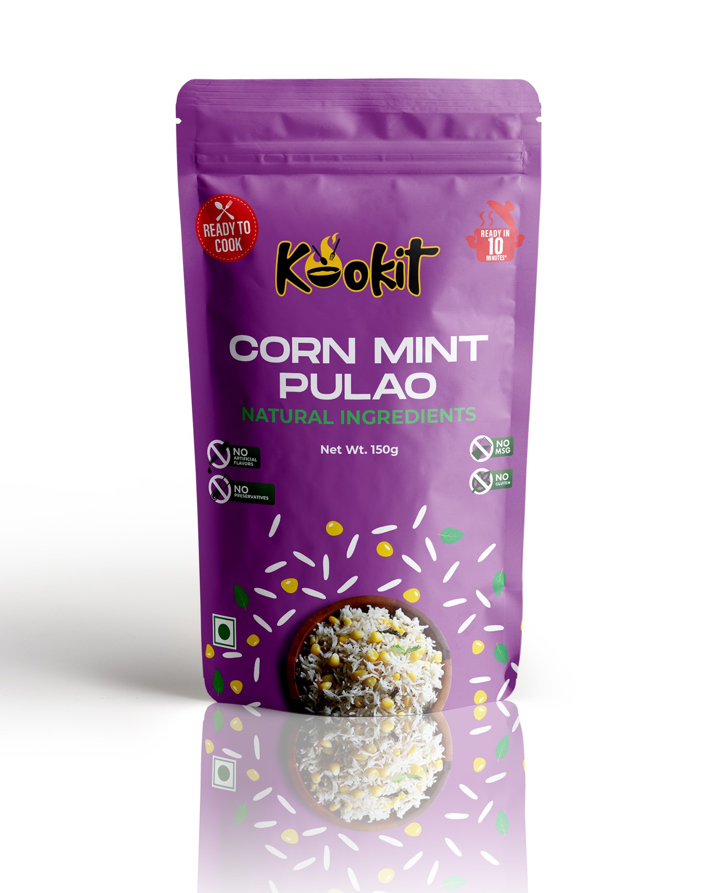 Kookit Corn Mint Pulao 160gms - Instant Food - Ready to Cook Premix - Natural Ingredients - No Artificial Flavours - No Preservatives - No MSG and Gluten - Ready in 10 mins