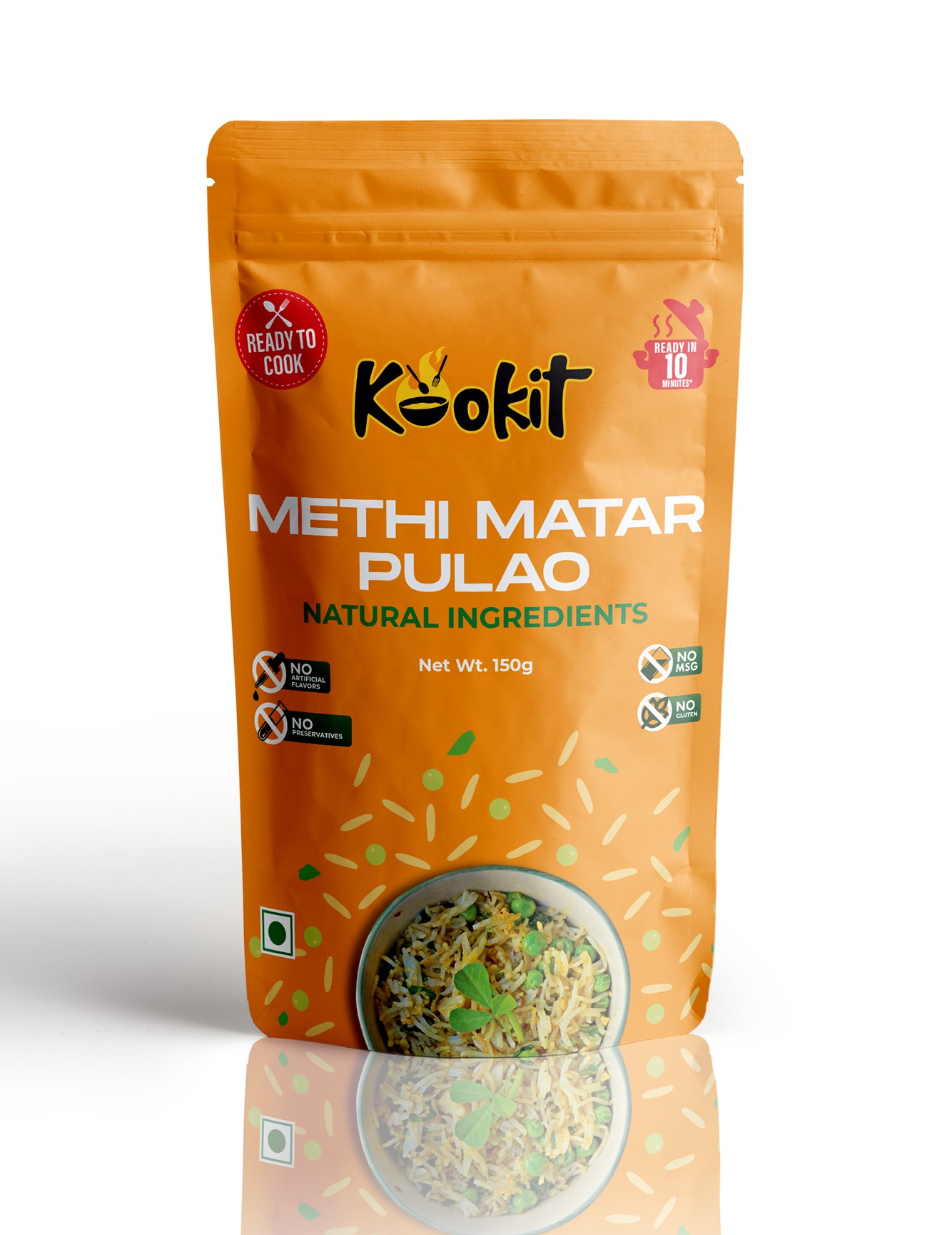 Kookit Methi Matar Pulao 160gms - Instant Food - Ready to Cook Premix - Natural Ingredients - No Artificial Flavours - No Preservatives - No MSG and Gluten - Ready in 10 mins