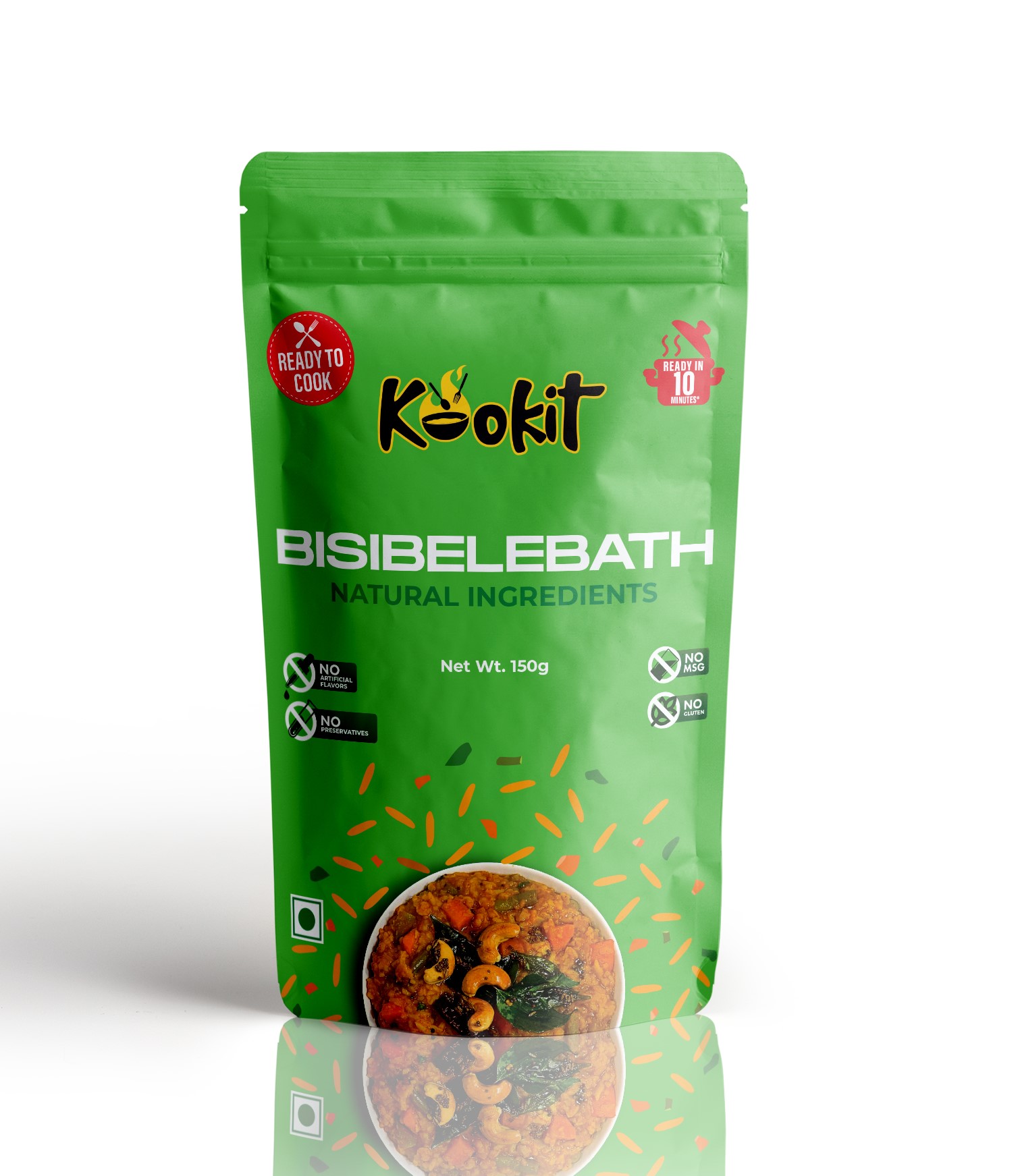 Kookit Bisibelebath (Hot Lentil Rice) 120gms - Instant Food - Ready to Cook Premix - Natural Ingredients - No Artificial Flavours - No Preservatives - No MSG and Gluten - Ready in 10 mins